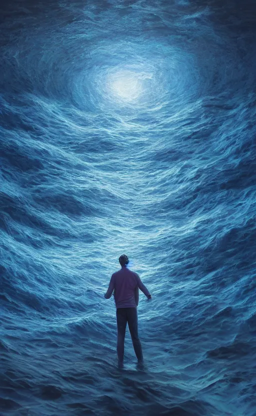 Prompt: a dream oil painting hyperrealism of a beautiful man in a sea maelstrom, 8 k resolution, octane render, trending on artstation, by gediminas pranckevicius, volumetric light 2 blue fractal thunder glow by dan mumford, anaglyph effect, laurie lipton