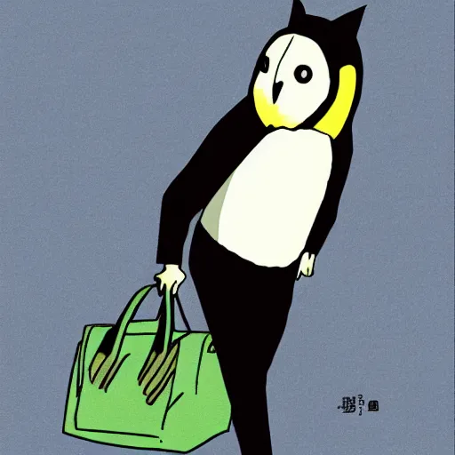 Image similar to barn owl in a black suit wearing an office bag going to the office,drawn by Hayao Miyazaki , highly detailed,anime, anime shot,anime colours, inspired by My Neighbor Totoro 1988,cell shading