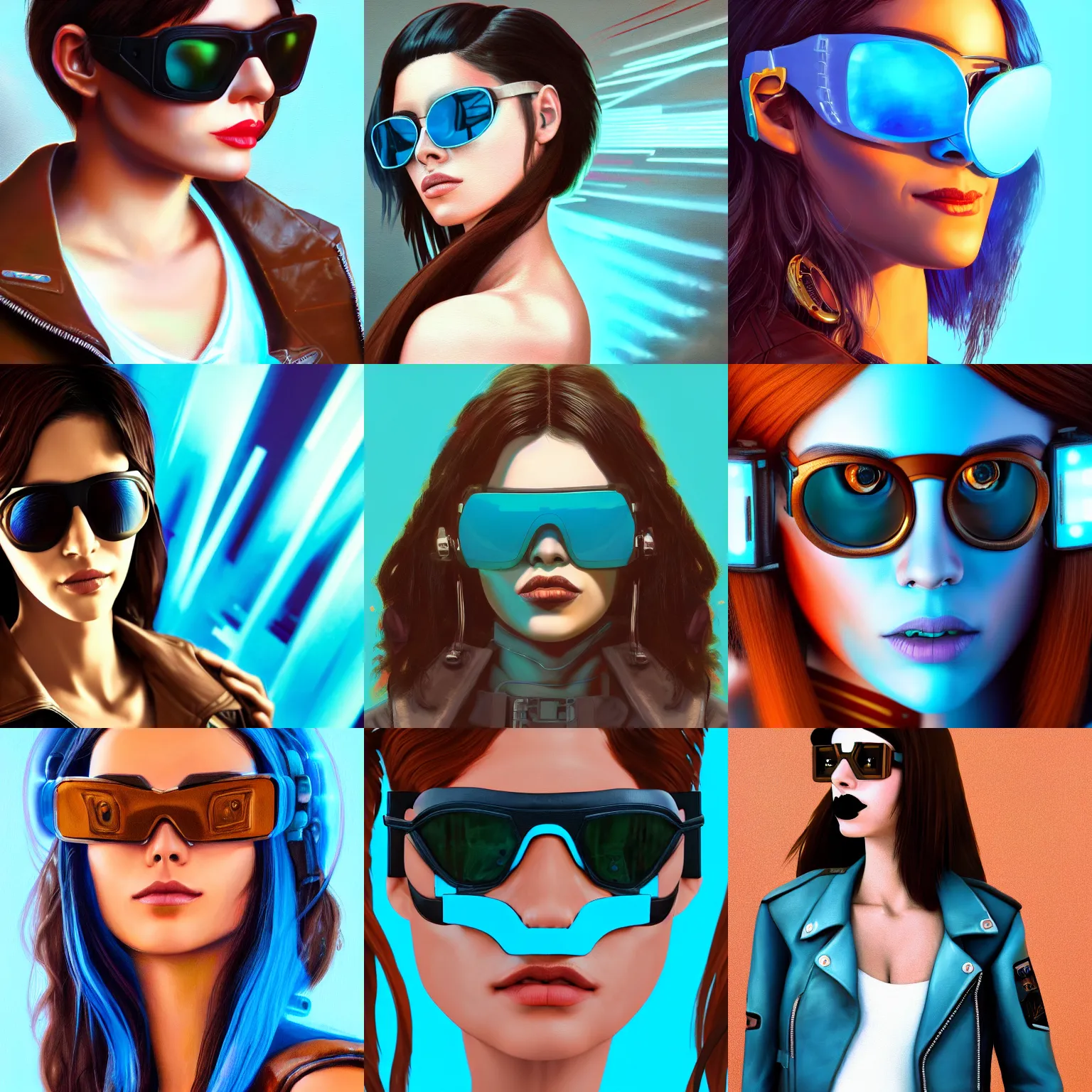 Image similar to 3 / 4 view closeup painting of a very beautiful young mexican cyberpunk woman smirking, wearing light blue shutter shades and a dark brown leather jacket, one side haircut, long brown hair with light blue ends, portrait, hyperdetailed, artstation, cgsociety, 8 k, synthwave by tangerine dream