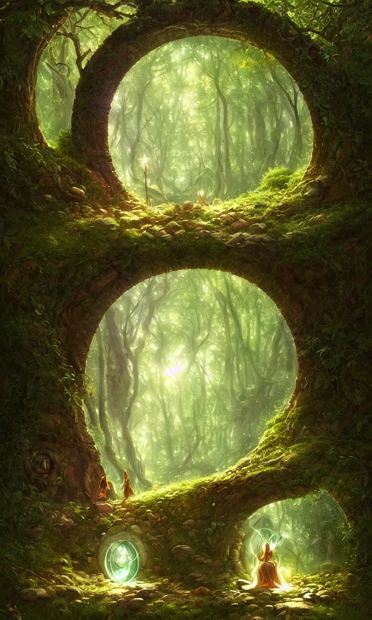 Image similar to Fantasy Magical fairy-tale portal in the forest. Round stone portal teleport in trees to other worlds. Fantastic landscape. Magic Altar in the fores, highly detailed, digital painting, artstation, concept art, smooth, sharp focus, illustration, art by artgerm and greg rutkowski and alphonse mucha