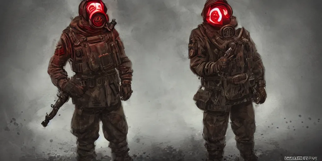 Image similar to buff soviet russian soldier wearing a demonic gasmask with glowing red eyes, concept art, digital portrait, horror, creepy, concept art, military art, dark fantasy art, sci - fi, retrofuturism