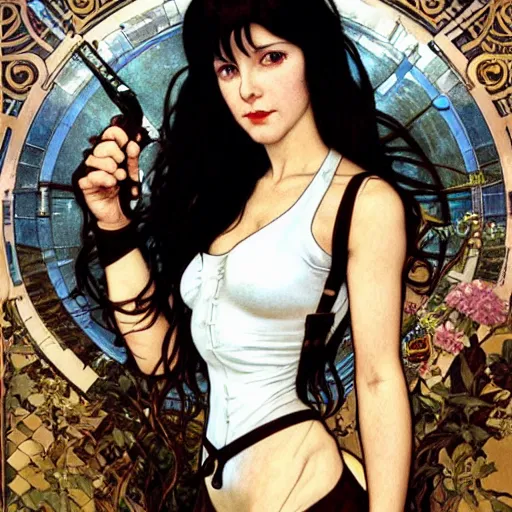 Image similar to Portrait of Tifa Lockheart with long dark brown hair and a white short top and black suspenders and kickboxing gloves drawn by Donato Giancola and Tom Bagshaw, face by Artgerm, overall design by Alphonse Mucha, background by James Jean and Gustav Klimt, light by Julie Bell, 4k, porcelain skin, komorebi, french nouveau, trending on artstation, octane render, hyperrealistic