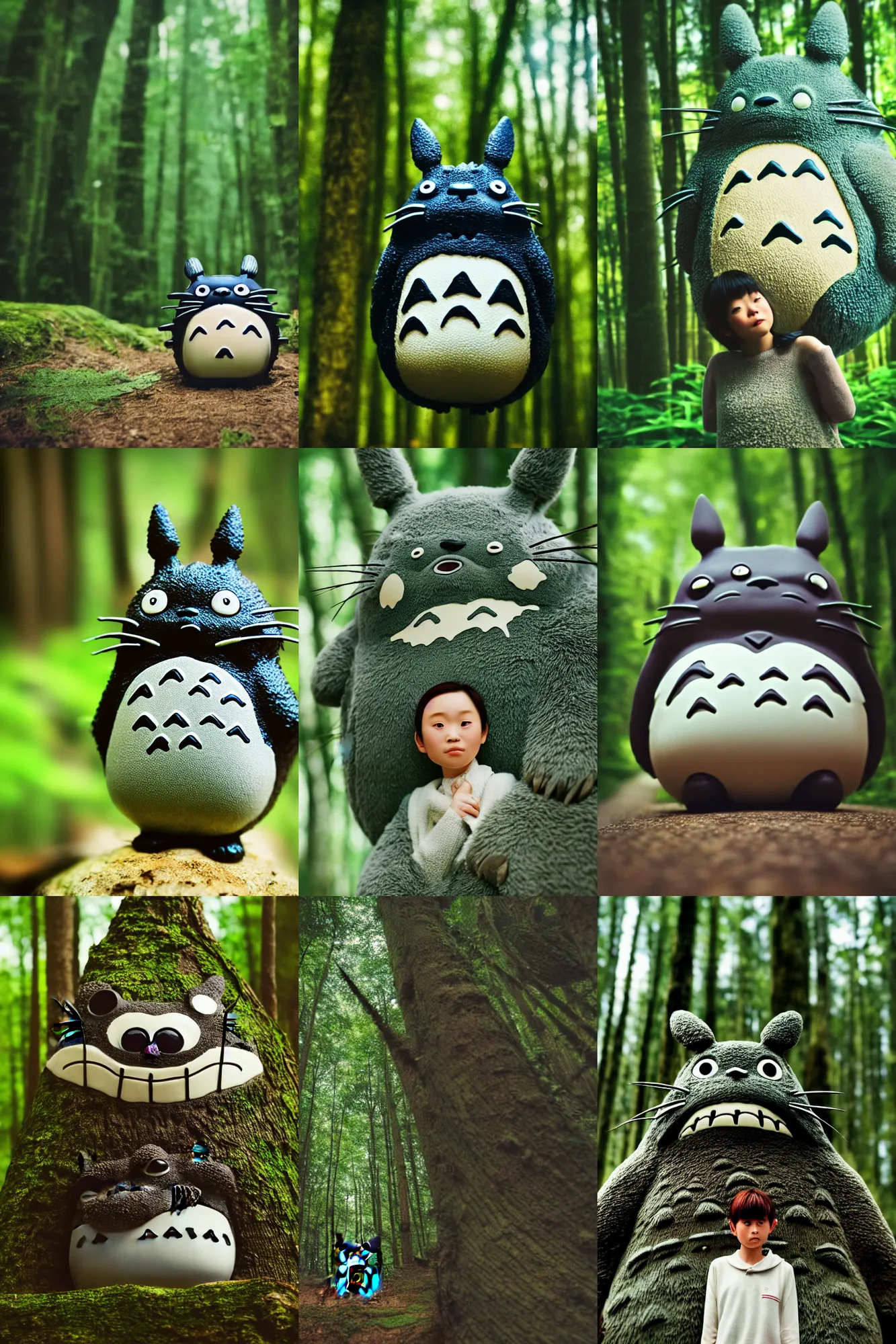 Prompt: Cinestill 50d, 8K, highly detailed, studio ghibli totoro style 3/4 extreme closeup portrait, eye contact, focus on model, tilt shift zaha hadid style forest background: famous totoro remake, forest scene