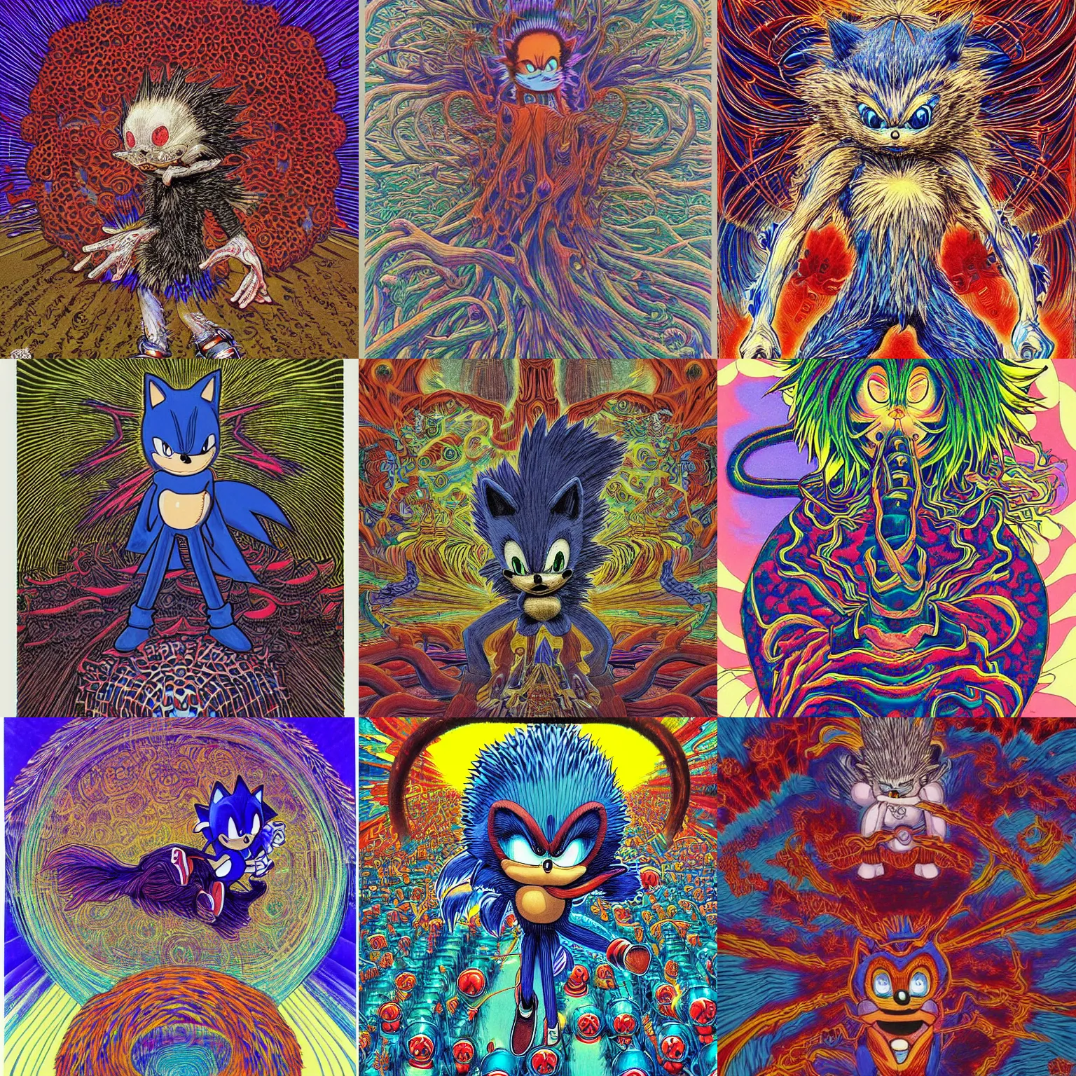 Prompt: sonic the hedgehog as a Conjuring Psychedelic Illustration of sonic the hedgehog, by Shintaro Kago, Kentaro Miura, grotesque, rich deep colors. Beksinski painting, art by Takato Yamamoto. masterpiece