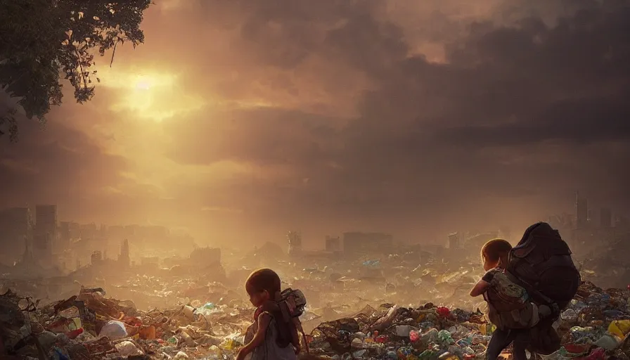 Image similar to poor detailed child with backpack looking for food at garbage dump, city is pure wasteland, moody sunset in background, greg rutkowski, alphonse mucha, trending on artstation, artgerm, unreal engine, breathtaking, award winning, highly detailed