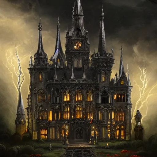 Image similar to dark and stormy eerie ornate gothic castle with lightning, extremely detailed, oil painting, 8k, trending on artstation
