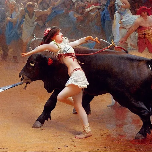 Image similar to a young girl defeating a bull with a sword, blood is splattering, highly detailed painting by gaston bussiere and j. c. leyendecker 8 k