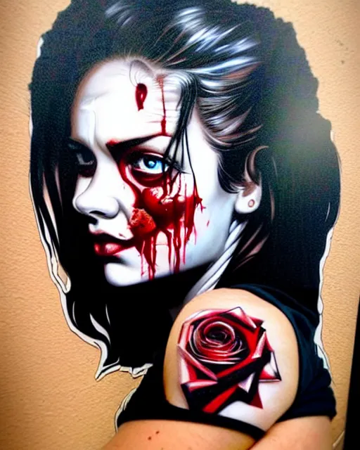 Prompt: horror with blood, rose and a pistol with sea and ocean in the background intricate details side profile by Sandra Chevrier