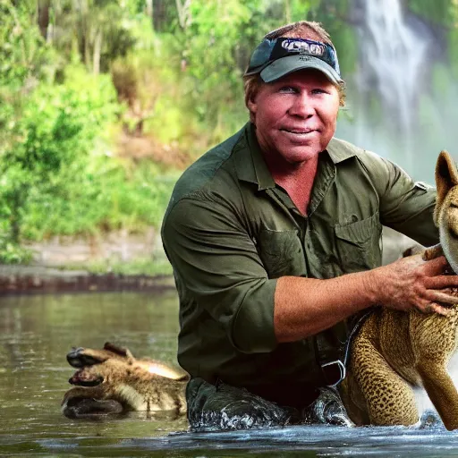 Image similar to steve irwin playing with dingo and crocodile in front of waterfall, epic detailed cinematic award winning profile photography 8 k