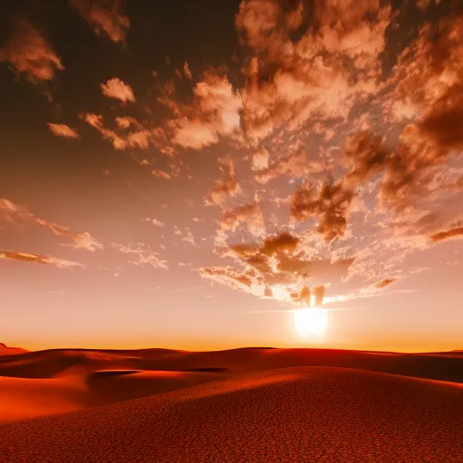 Image similar to epic cinematic still photography of sun glowing on the dessert during sunset