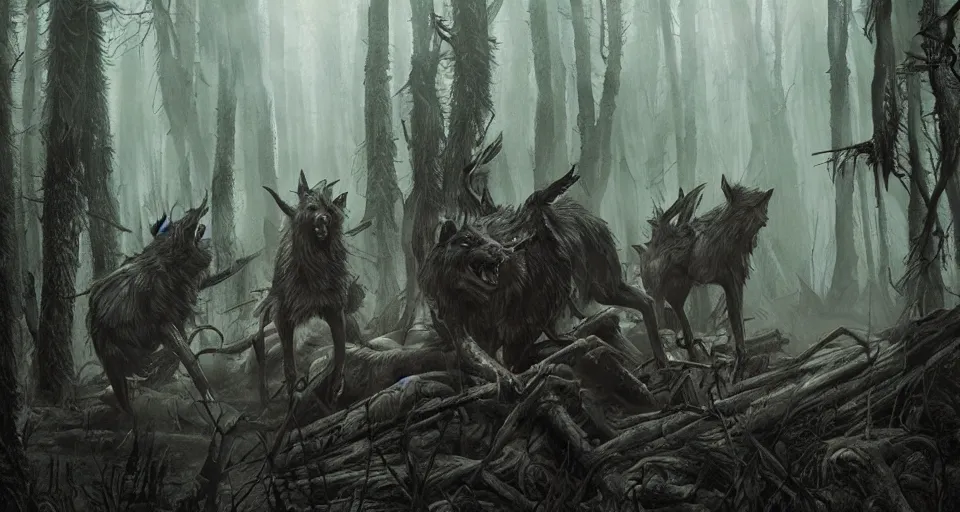 Image similar to an epic action concept masterpiece of a rabid wolfpack, in a forest made of nightmares, horrific digital art, extremely moody lighting, style of magali villeneuve