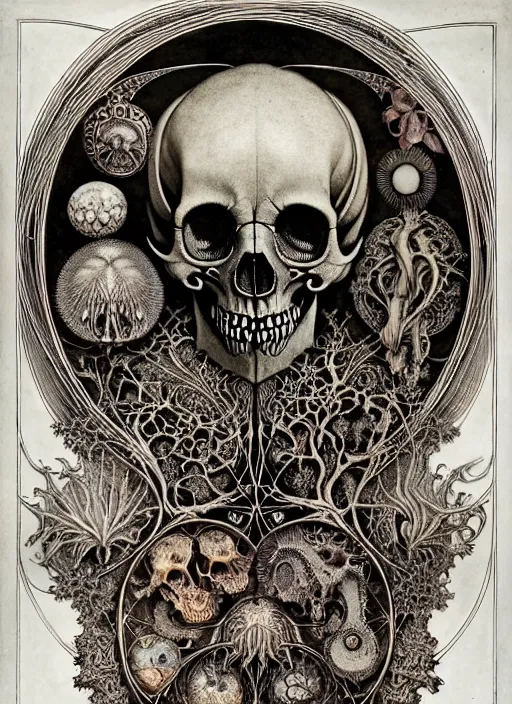 Image similar to art forms of nature by ernst haeckel, memento mori by arthur rackham, ornate antique porcelain beautiful skull mask, ultrasharp, photorealistic, hyperdetailed, octane render, polished, art nouveau, neo - gothic, gothic, intricate ornamental organic filigree, art nouveau botanicals, art forms of nature by ernst haeckel, horizontal symmetry, symbolist, visionary