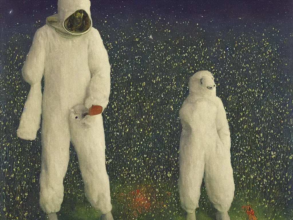 Image similar to man in white beekeeper polar bear suit with fireflies in the thorn garden, small devil creatures. painting by mikalojus konstantinas ciurlionis, bosch, max ernst, agnes pelton, rene magritte