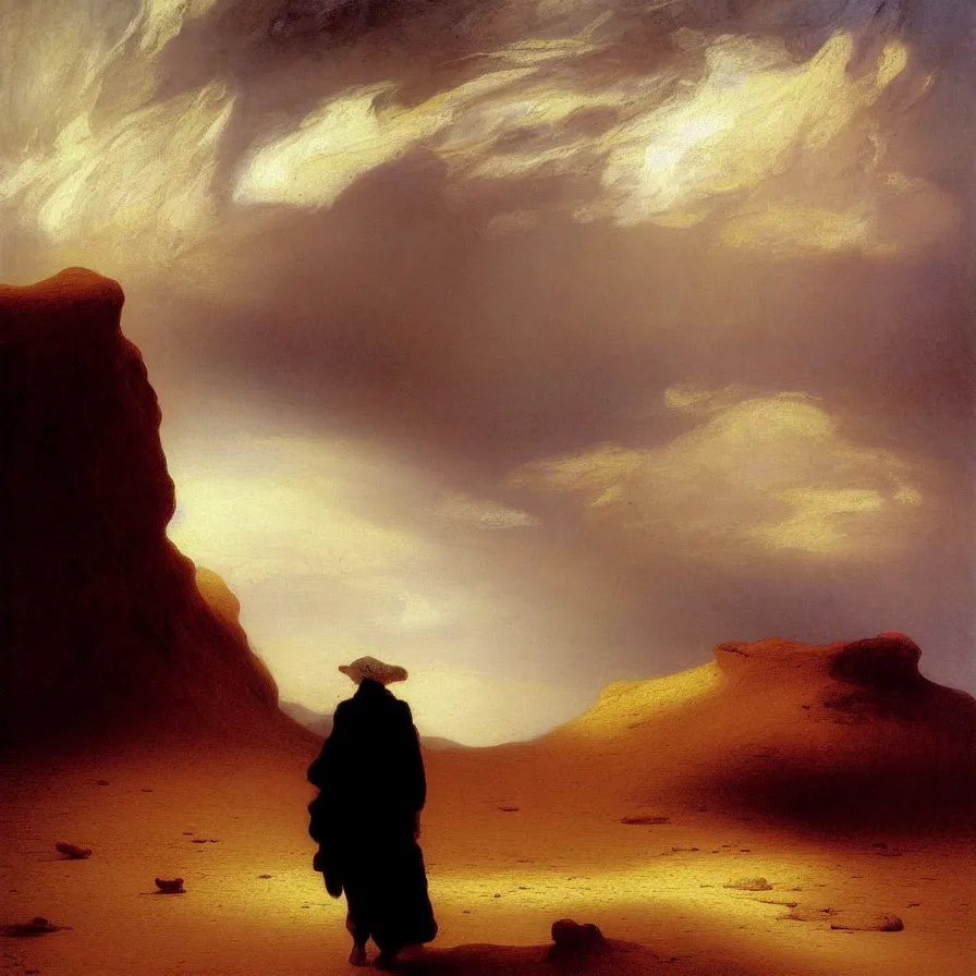 Prompt: artwork about the loneliness of being the last human on earth, walking in the desert dunes, painted by thomas moran and albert bierstadt. monochrome color scheme.
