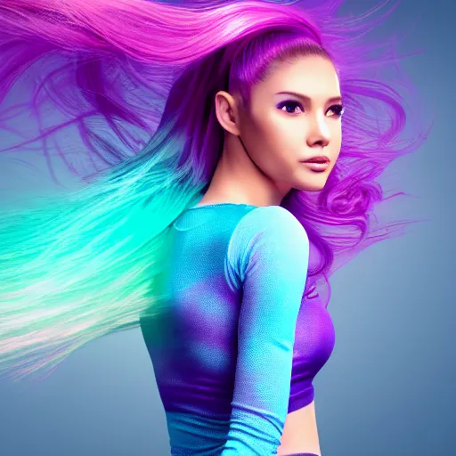 Image similar to a award winning full body shot of a beautiful woman in a croptop and leggings with a ombre purple pink teal hairstyle with head in motion and hair flying, outrun, vaporware, highly detailed, fine detail, intricate