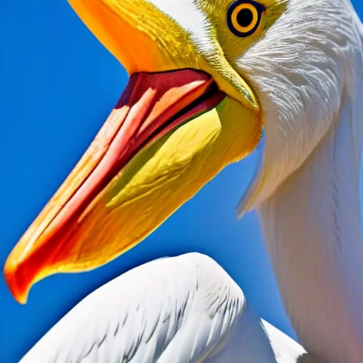 Image similar to awardwinning nature photography portrait of a white pelican in full flight as seen from below. extremely high detailed beak