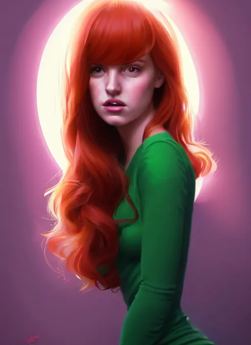 Image similar to full body portrait of teenage cheryl blossom, bangs, green eyes, mischievous expression, red hair, sultry smirk, bangs and wavy hair, intricate, elegant, glowing lights, highly detailed, digital painting, artstation, concept art, smooth, sharp focus, illustration, art by wlop, mars ravelo and greg rutkowski