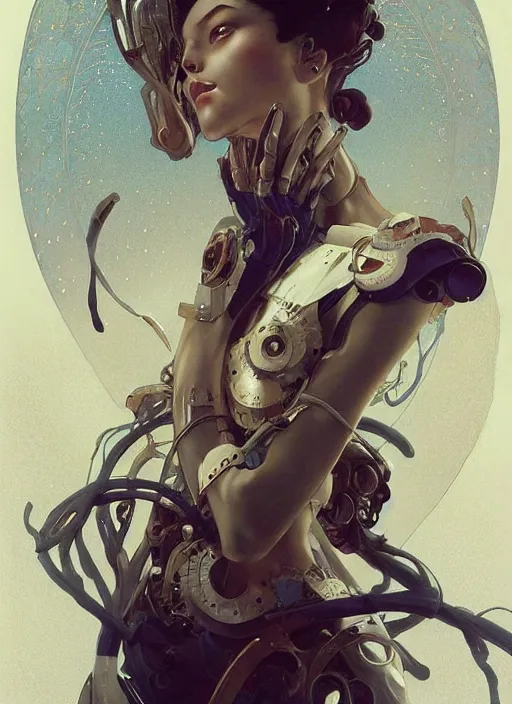 Image similar to mechanical humanoid, masterpiece, intricate, elegant, highly detailed, digital painting, artstation, concept art, smooth, sharp focus, illustration, art by artgerm and greg rutkowski and alphonse mucha and uang guangjian and gil elvgren and sachin teng, symmetry!!