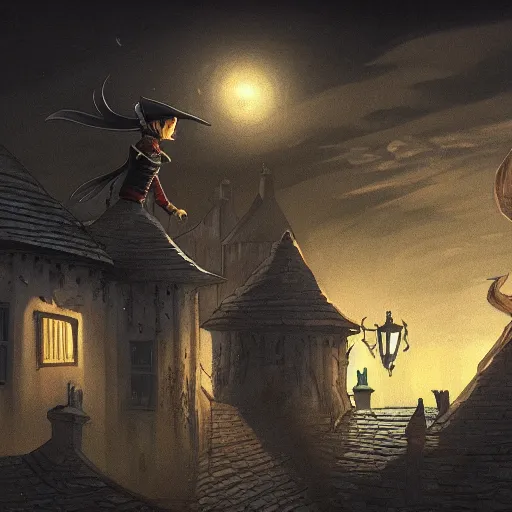 Image similar to a vampire stands on top of a village roof, looks down on street, night, fantasy, concept art, intricate detail, gothic