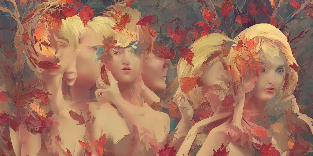 Prompt: breathtaking detailed concept art painting kaleidoscope art deco pattern of blonde faces goddesses amalgamation autumn leaves, by hsiao - ron cheng, bizarre compositions, exquisite detail, extremely moody lighting, 8 k