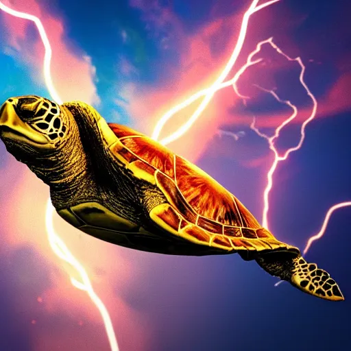 Image similar to photorealistic sea turtle riding waves of lightning. hyperdetailed photorealism, 1 0 8 megapixels, amazing depth, glowing rich colors, powerful imagery, psychedelic overtones, 3 d finalrender, 3 d shading, cinematic lighting, artstation concept art