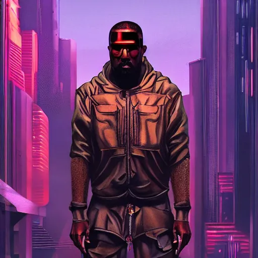 Image similar to cyberpunk kanye west character art, epic background, epic composition, hdr, full body gauche painting, arcane art style