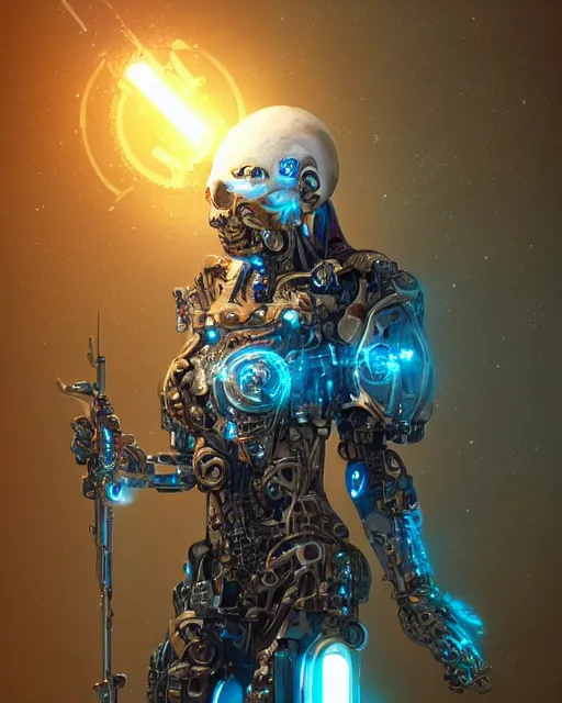 Image similar to cyborg necromancer, scifi, futuristic, helpful, kind, benevolent, intelligent, white, blue, gold, holding a staff, hospital room, highly detailed, trending on artstation, soft light, machine, advanced technology, art by vitaly bulgarov and nivanh chanthara