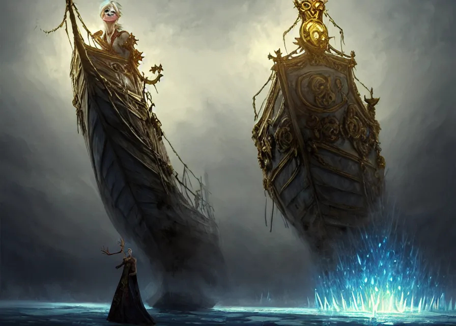 Image similar to frozen zombie king with gold crown, eyes are glowing, broken sailing ship boat in the background, is at dawn and bluish, fantasy, intricate, elegant, highly detailed, digital painting, artstation, concept art, matte, sharp focus, illustration, art by aenaluck and roberto ferri and greg rutkowski, epic fantasy, digital painting