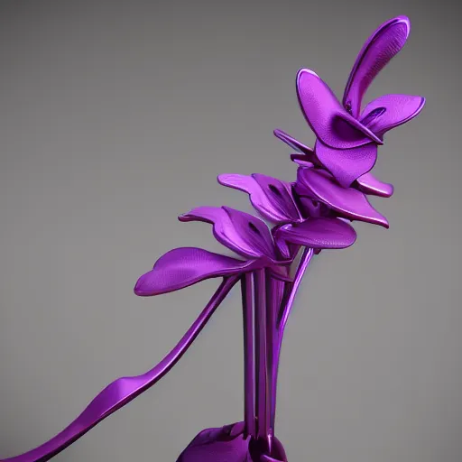 Prompt: a purple biomechanical orchid flower made of metal, reflective octane render