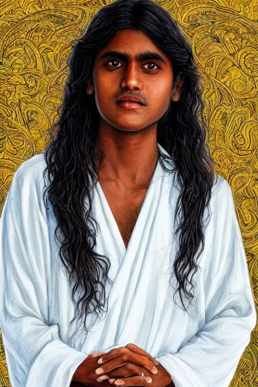 Image similar to sri lankan boy with long hair in white robes, art by Giancola, Donato