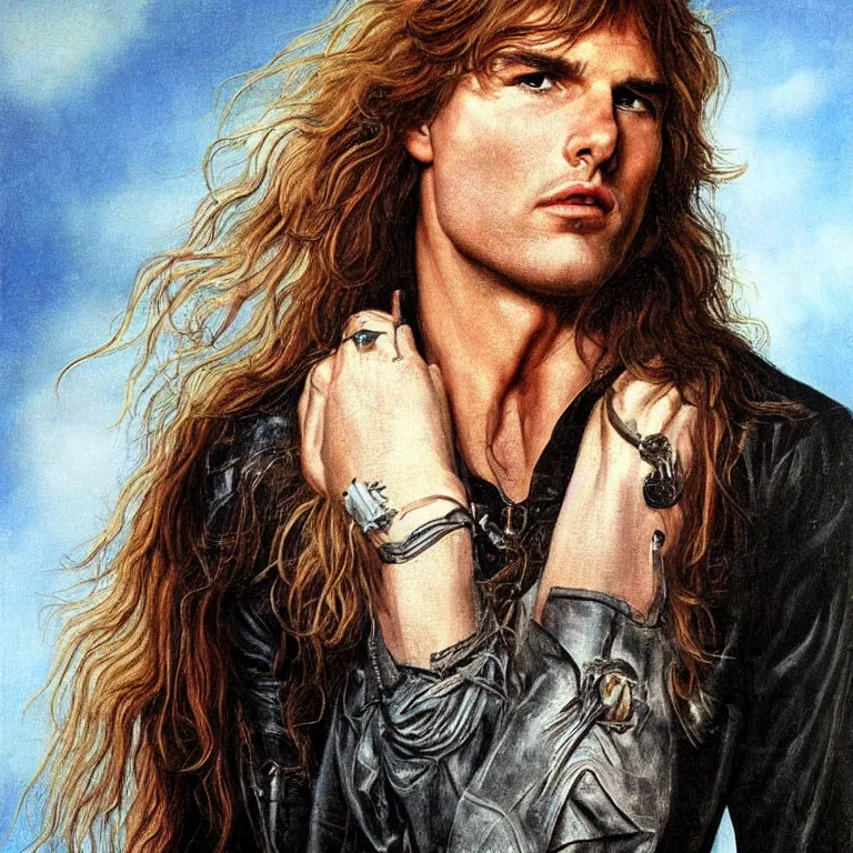 Prompt: Pre-Raphaelite portrait of Tom Cruise as the leader of a cult 1980s heavy metal band, with very long blond hair and grey eyes, high saturation