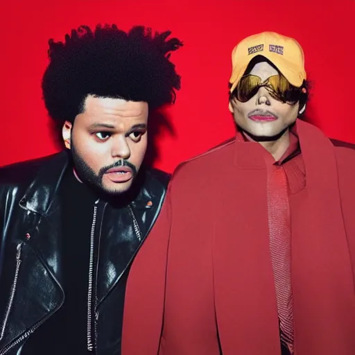 Image similar to the weeknd and michael jackson with red clothes, after hours album cover