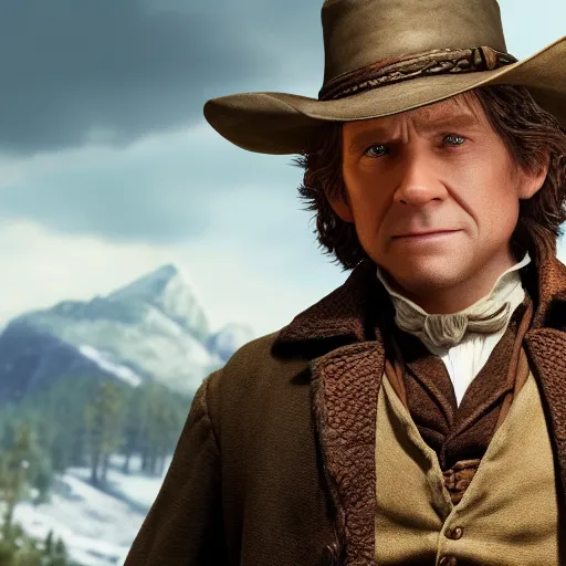 Prompt: Film still of Bilbo Baggins, from Red Dead Redemption 2 (2018 video game)