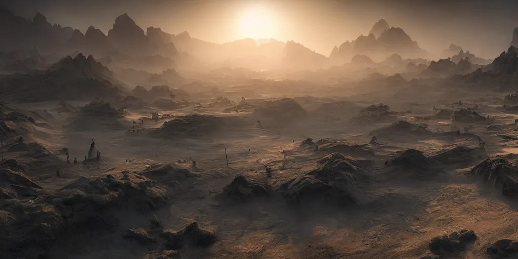 Image similar to kingdom made of sand, superwide angle, light through the mist, dramatic lighting, photorealistic, cinematic lighting, high detail, cinematic feel, high octane, 4 k, unreal engine, digital render, intricate, ultra realistic, concept art