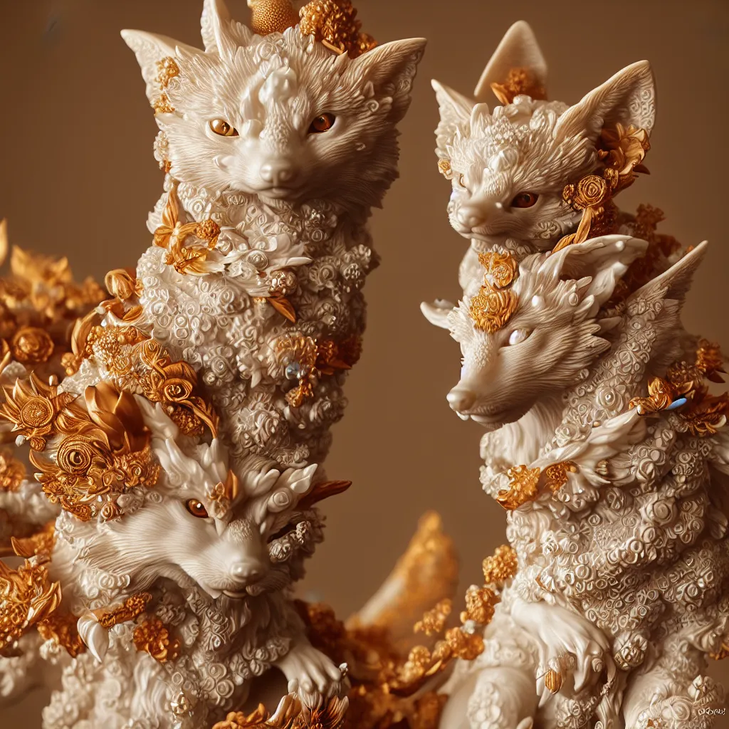 Prompt: a closeup photo - real delicate ceramic porcelain sculpture of an ornate detailed kitsune in front of a intricate background by davinci, micro detail, backlit lighting, subsurface scattering, translucent, thin porcelain, octane renderer, colorful, physically based rendering, trending on cgsociety