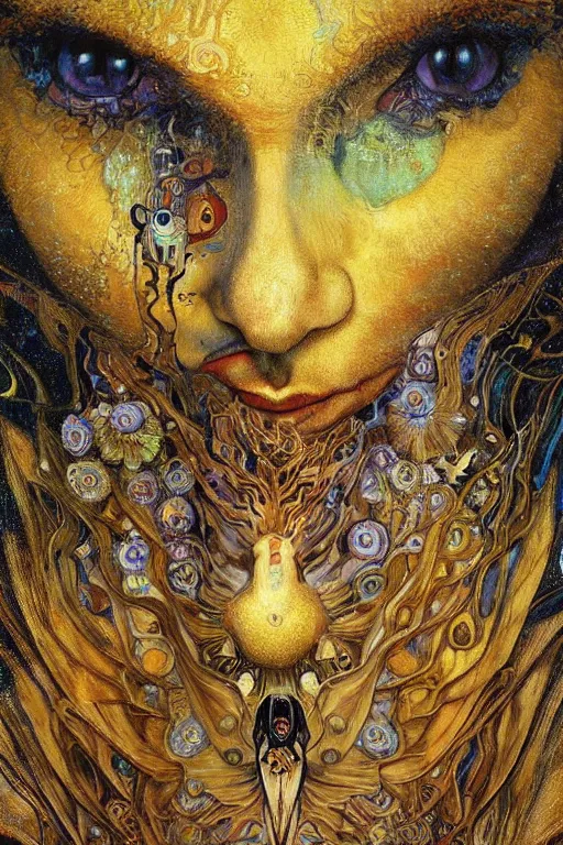 Prompt: Metamorphosis by Karol Bak, Jean Deville, Gustav Klimt, and Vincent Van Gogh, transformation portrait, chimera, visionary, cicada wings, otherworldly, fractal structures, ornate gilded medieval icon, third eye, chrysalis, spirals, horizontal symmetry