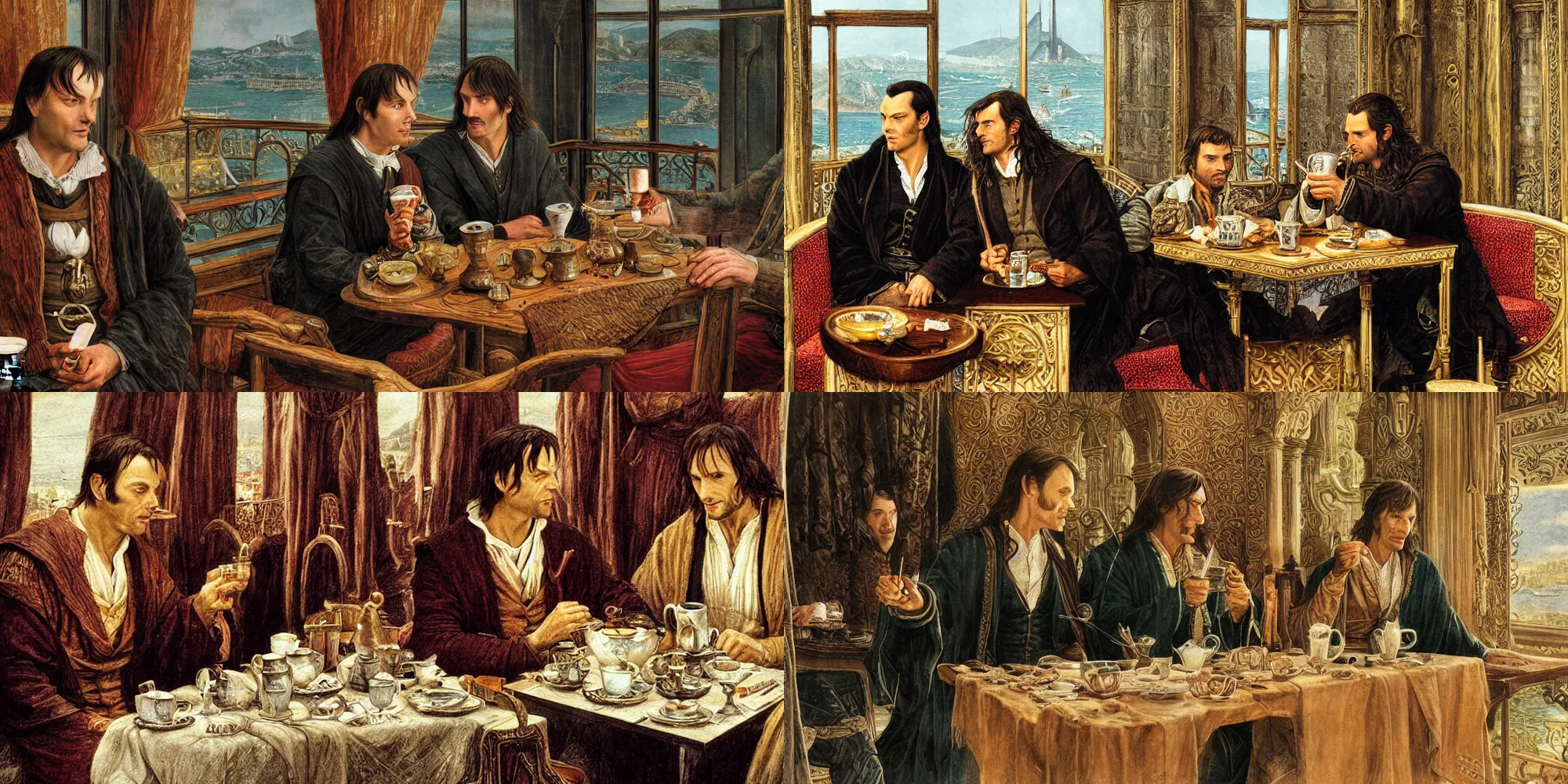 Prompt: close up illustration of elrond and aragorn having a cup of turkish coffee in a coffee house overlooking the bosphorus strait in istanbul, cinecolor, specular reflections, detailed faces, hypermaximalist, elegant, ornate, fantasy art, by caspar david friedrich, by tolkien, by dan hennah