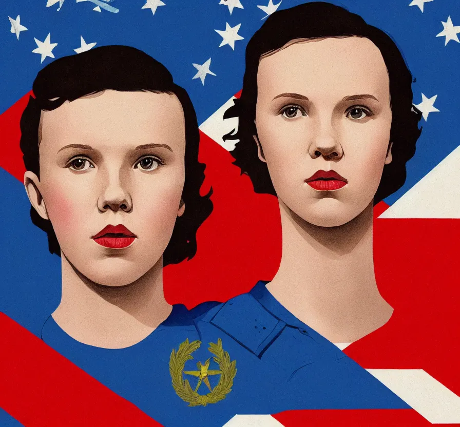 Prompt: millie bobby brown, propaganda, poster, revolution, communist, high detail, year 1 9 4 4, russian letters, lenin, trending on artstation, illustration, by maria zolotukhina