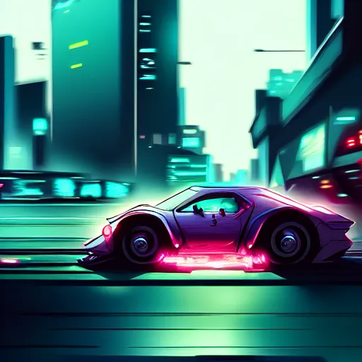 Image similar to cyberpunk dodging a moving car, highly detailed, in the style of greg rutkowski