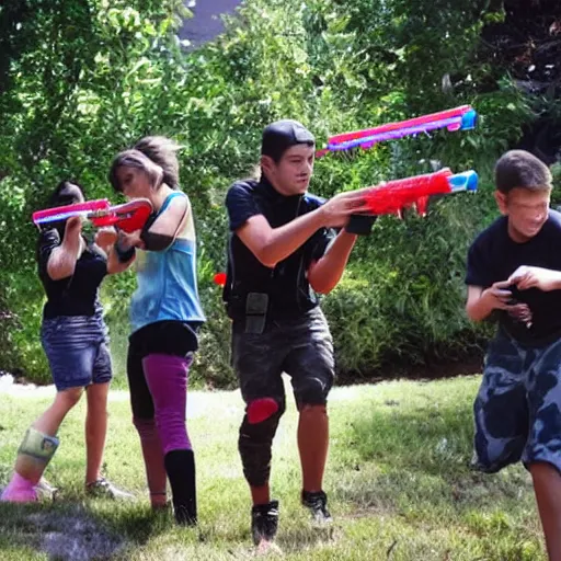 Prompt: Modern warfare with just water guns and water balloons.