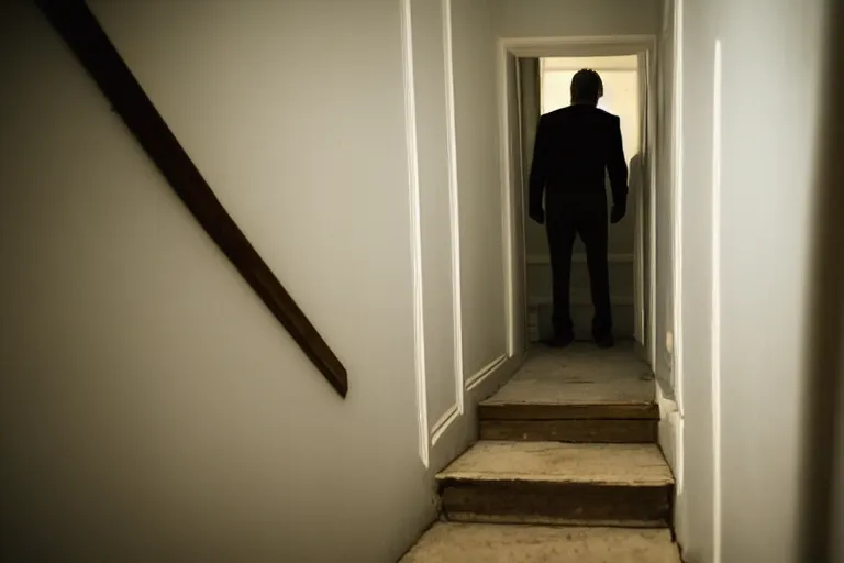 Image similar to the ghost of a man standing at the bottom of stairs in a house at night