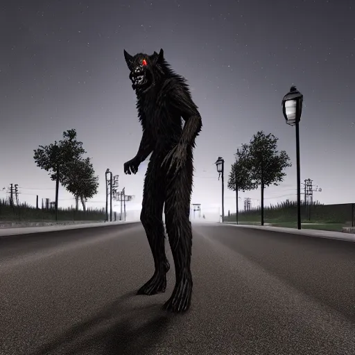 Image similar to werewolf from van helsing unreal engine hyperreallistic render 8k in an an empty parking lot at midnight lit by streetlamps