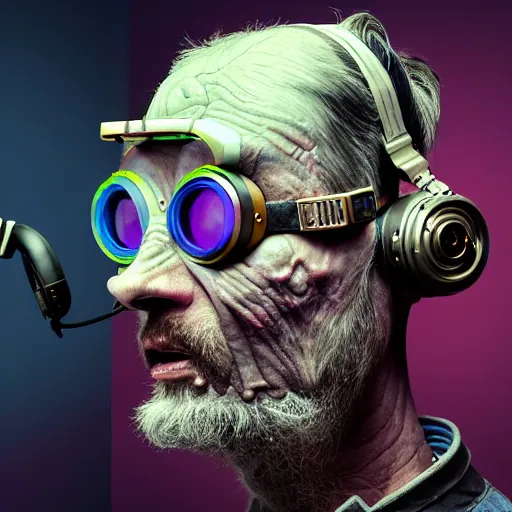 Image similar to Colour Photography of 1000 years old man with highly detailed 1000 years old face wearing higly detailed cyberpunk VR Headset designed by Josan Gonzalez Many details. Man raging screaming . In style of Josan Gonzalez and Mike Winkelmann andgreg rutkowski and alphonse muchaand Caspar David Friedrich and Stephen Hickman and James Gurney and Hiromasa Ogura. Rendered in Blender