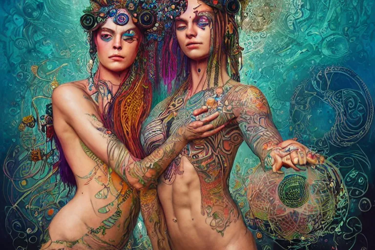 Image similar to a centered render of a alluring festival hippies with tribal tattoos surrounded by a underwater ink pour and flowing liquid galium and sacred geometry, perfect body face and hands, powerful, cinematic, beautifully lit, by artgerm, by karol bak, by donato giancola, by beeple, 3 d, trending on artstation, octane render, 8 k