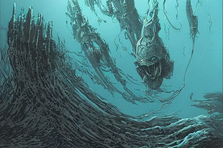 Image similar to dark underwater alien ocean, moebius, giger