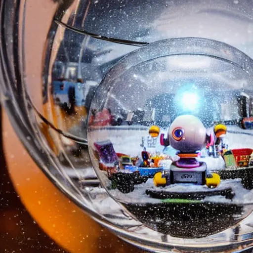 Image similar to robots living in a microcity inside a snow globe, hyperrealistic, hyper detail, close up photograph
