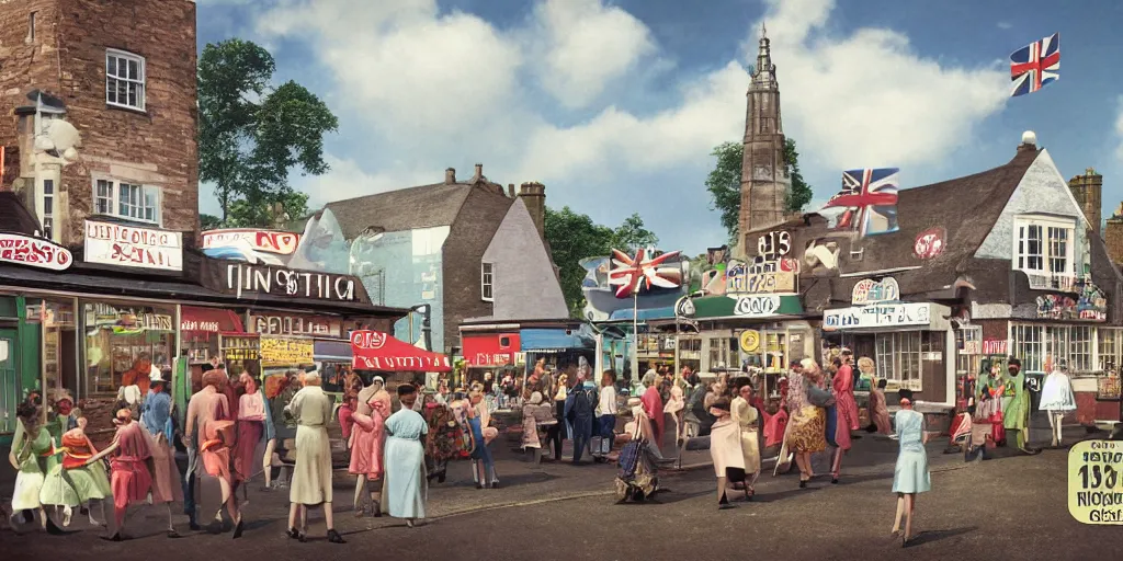 Prompt: digital matte glossy painting nostalgic 1 9 5 0 s ice cream fan village britain, detailed in the style of trevor mitchell