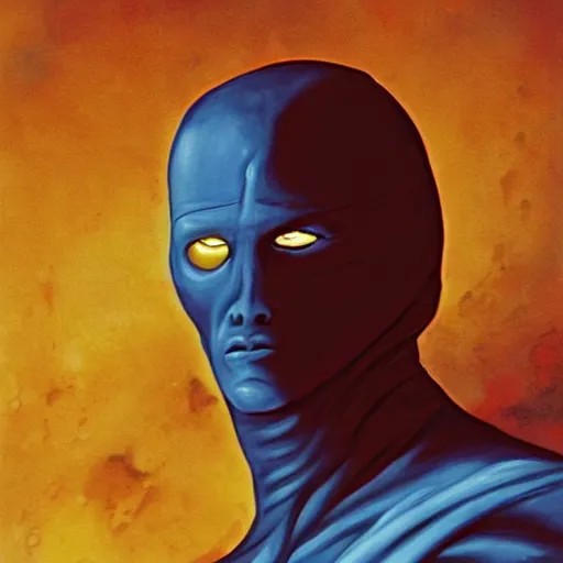 Image similar to painting of due to living on arrakis, the typical fremen appeared as a sinewy human with leathery tanned skin. these effects were less pronounced on those fremen who live in cities such as arrakeen. in addition, fremen eyes were colored entirely blue ( eyes of ibad ), due to their excessive ingestion of the spice melange