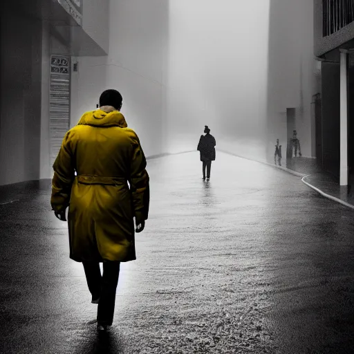 Prompt: A dramatic portrait painting of a man wearing yellow rain coat , walking in a black and white street . Cinematic lighting