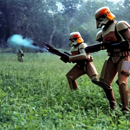 Image similar to star wars clone troopers combat soldiers in vietnam, photo, old picture, lush landscape, jungle, firearms, explosions, helicopters, aerial combat, active battle zone, flamethrower, air support, jedi, land mines, gunfire, violent, star destroyers, star wars lasers, sci - fi, jetpacks, agent orange, bomber planes, smoke, trench warfare